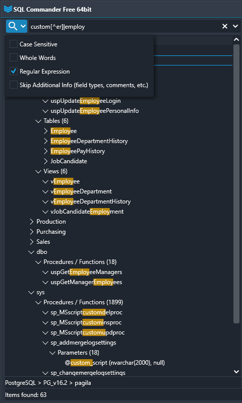 search database regex